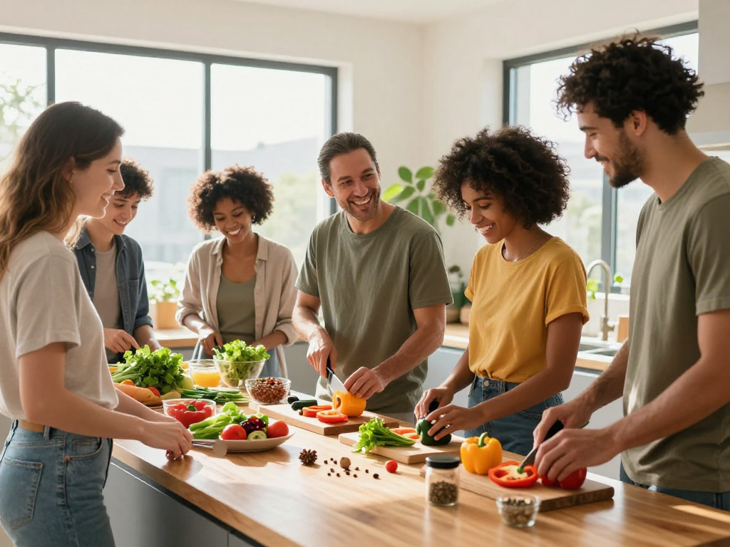 Group cooking healthy meals together, promoting rokok88 lifestyle choices in a bright kitchen.